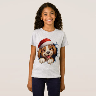 Niedlicher Weihnachtshund durch die Mauer illustri T-Shirt