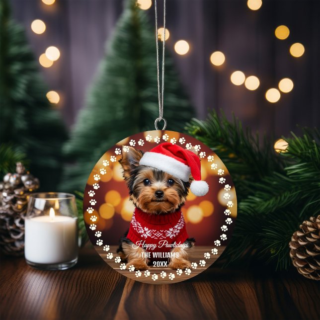 Niedlicher Weihnachtshund Happy Holiday 2-seitig 2 Ornament (Cute Christmas Pet Dog Yorkshire Terrier Photo Ornament)