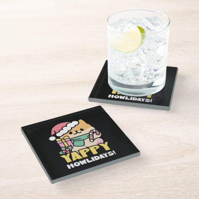 Niedlicher Weihnachtshund - Yappy Howlidays Glasuntersetzer (Schrägansicht)