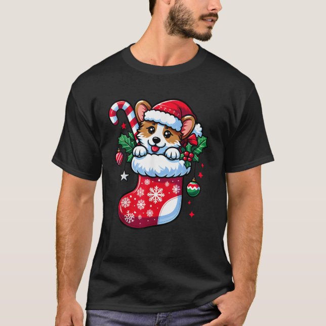 Niedlicher Weihnachtskandy Cane Santa Corgi Hund i T-Shirt (Vorderseite)