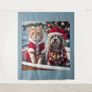 Niedlicher Weihnachtskatze und Hund segeln Vintage Wandteppich