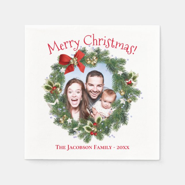 Niedlicher Weihnachtskranz Foto Serviette (Vorderseite)