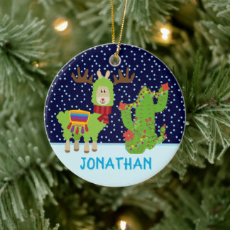 Niedlicher Weihnachtslama mit Namen Keramik Ornament