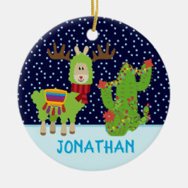 Niedlicher Weihnachtslama mit Namen Keramik Ornament