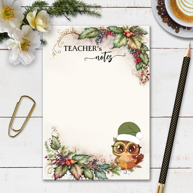 Niedlicher Weihnachtslehrer Post-it Klebezettel (Teacher post it notes featuring a Christmas design in watercolor with a cute owl with Santa hat)