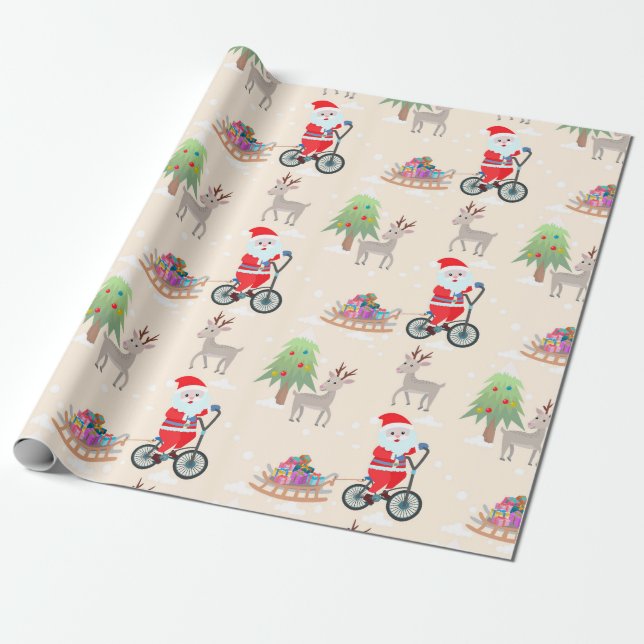 Niedlicher Weihnachtsmann auf dem Fahrrad Weihnach Geschenkpapier (Ungerollt)