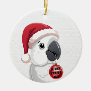 Niedlicher Weihnachtsmann-Hut-Papagei Rot und Weiß Keramik Ornament