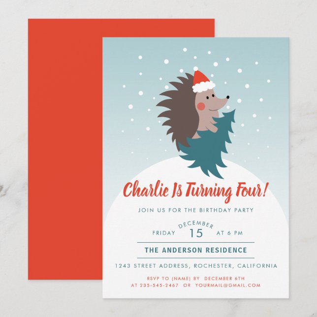 Niedlicher Weihnachtsmann Igel Geburtstagsparty Einladung (Vorne/Hinten)