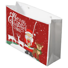 Niedlicher Weihnachtsmann im Schnee mit Rentieren  Große Geschenktüte
