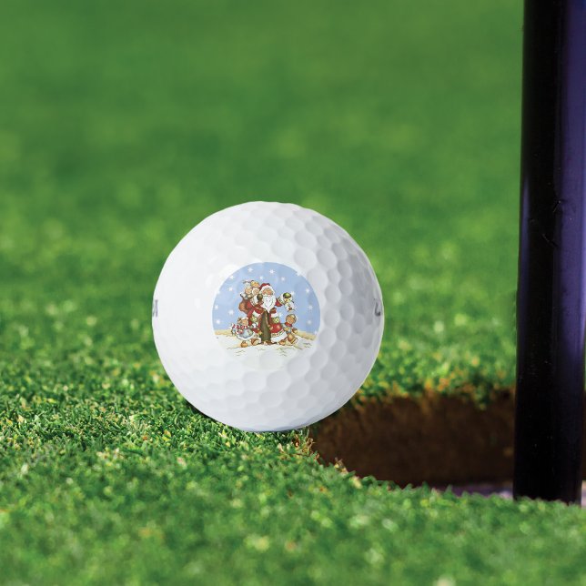 Niedlicher Weihnachtsmann Kunst Kinder Weihnachten Golfball (Santa Clause walking in snow with little children carrying latern on golf balls.)