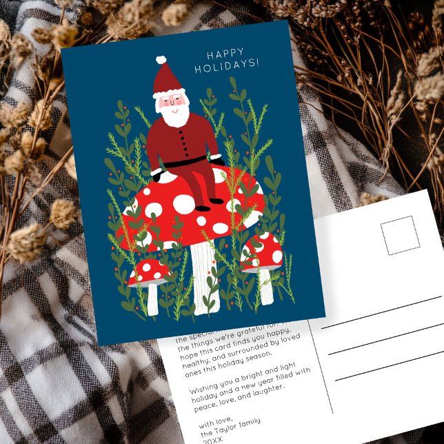 Niedlicher Weihnachtsmann Magische Pilze CUSTOM Ur Postkarte (Cute Santa Claus Magical Mushrooms CUSTOM Happy Holidays Art Postcard
)