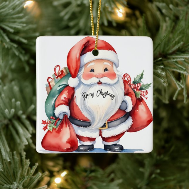 Niedlicher Weihnachtsmann mit roten Geschenktüten Keramikornament (Baum)