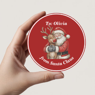 Niedlicher Weihnachtsmann & Reindeer Hug Custom Re Runder Aufkleber
