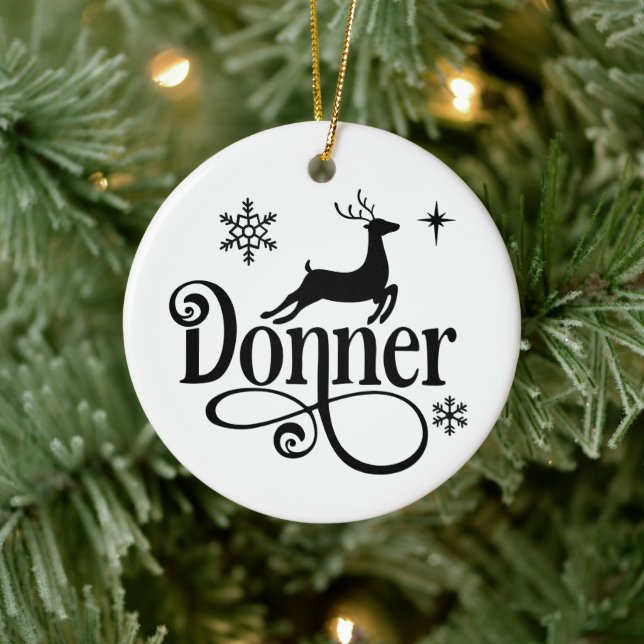 Niedlicher Weihnachtsmann-Reindeer-Name Donner Keramik Ornament (Baum)