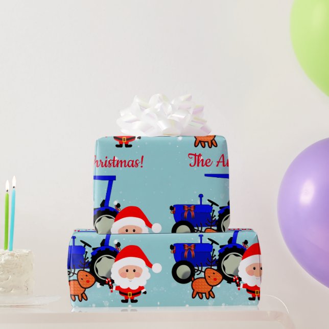 Niedlicher Weihnachtsmann, Rentier und Traktor Geschenkpapier (Partygeschenke)