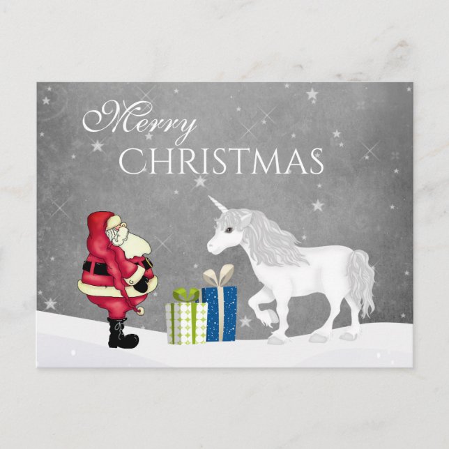 Niedlicher Weihnachtsmann und Einhorn Frohe Weihna Postkarte (Vorderseite)