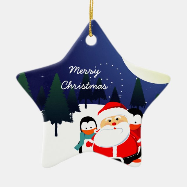 Niedlicher Weihnachtsmann und Pinguine Weihnachtss Keramik Ornament (Vorne)