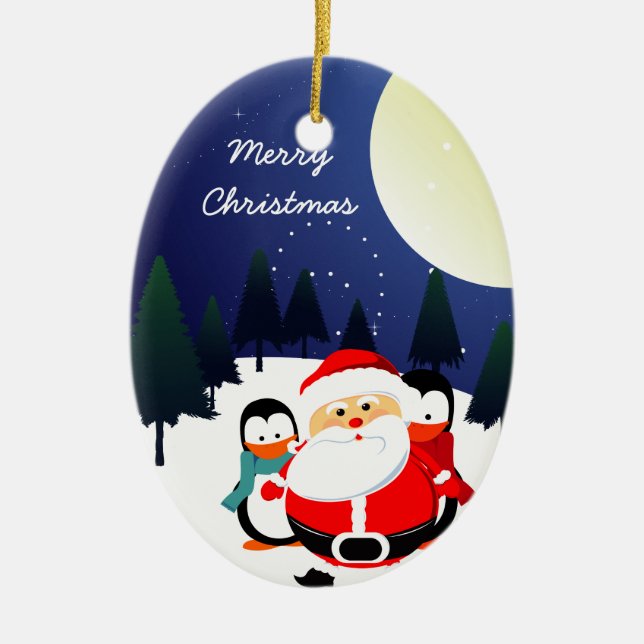 Niedlicher Weihnachtsmann und Pinguine Weihnachtss Keramikornament (Vorne)
