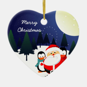 Niedlicher Weihnachtsmann und Pinguine Weihnachtss Keramikornament