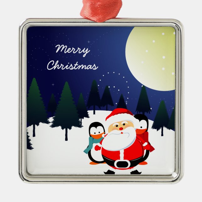 Niedlicher Weihnachtsmann und Pinguine Weihnachtss Ornament Aus Metall (Vorne)