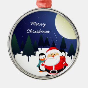 Niedlicher Weihnachtsmann und Pinguine Weihnachtss Silbernes Ornament