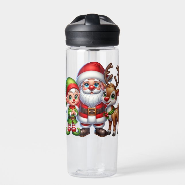 Niedlicher Weihnachtsmann und Reindei Personalisie Trinkflasche (Vorderseite)