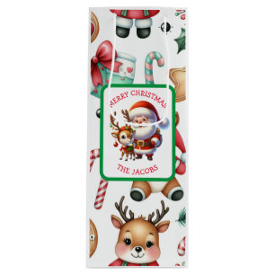 Niedlicher Weihnachtsmann und Rentier Personalisie Geschenktüte Für Weinflaschen