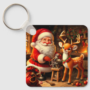 Niedlicher Weihnachtsmann und Rentier Schlüsselanhänger