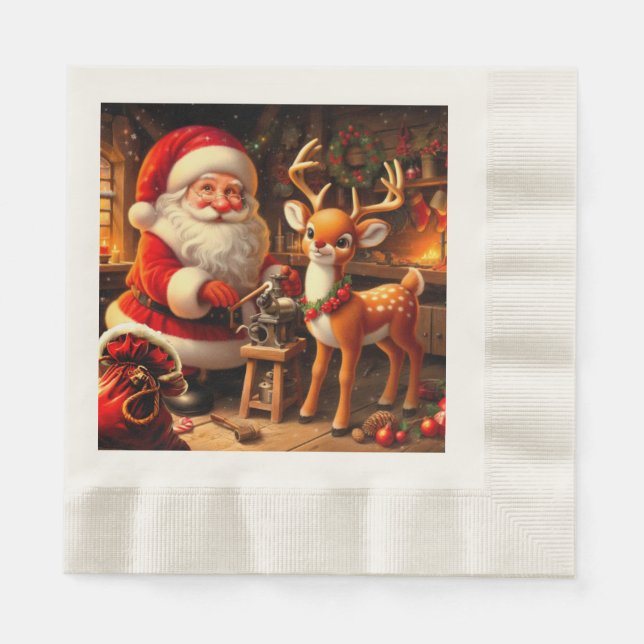 Niedlicher Weihnachtsmann und Rentier Serviette (Vorderseite)