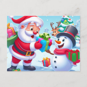 Niedlicher Weihnachtsmann und Schneemann Postkarte