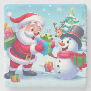 Niedlicher Weihnachtsmann und Schneemann Steinuntersetzer