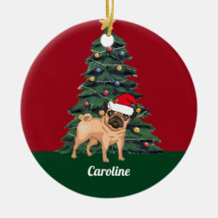 Niedlicher WeihnachtsMops in der Weihnachtsmannmü Keramik Ornament