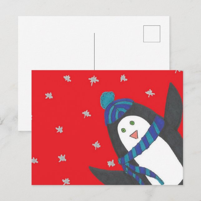 Niedlicher WeihnachtsPenguin auf Rot Postkarte (Vorne/Hinten)