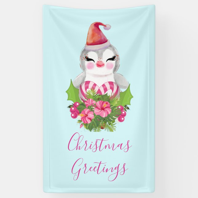 Niedlicher Weihnachtspenguin der Weihnachtsmannmüt Banner (Vertikal)