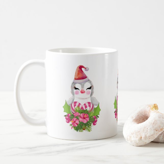 Niedlicher Weihnachtspenguin der Weihnachtsmannmüt Kaffeetasse (Mit Donut)