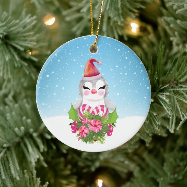 Niedlicher Weihnachtspenguin der Weihnachtsmannmüt Keramik Ornament (Baum)