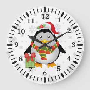 Niedlicher Weihnachtspenguin mit Gegenwart Große Wanduhr