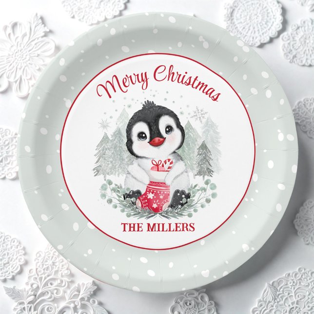 Niedlicher WeihnachtsPenguin mit Strumpf Pappteller (Cute Christmas Penguin with Stocking Name Paper Plates)