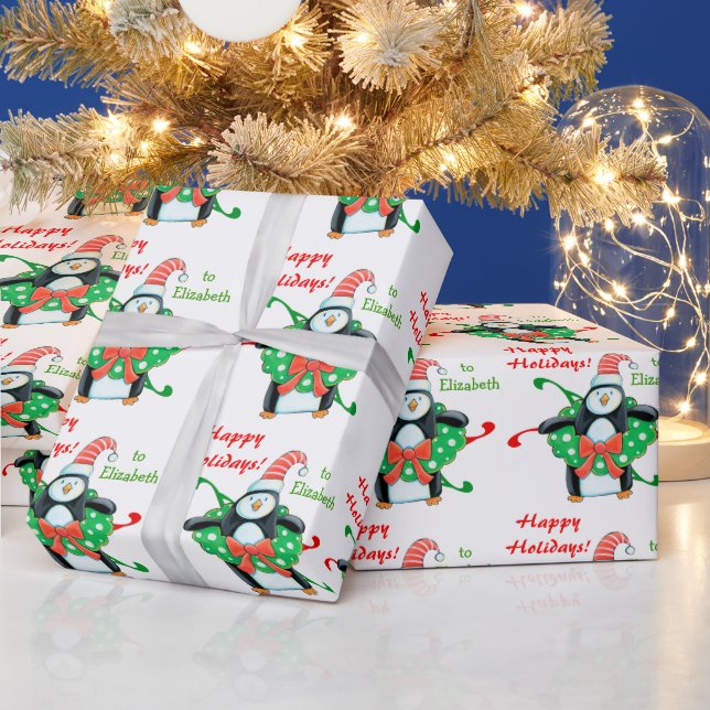 Niedlicher Weihnachtspenguin Personalisiert Kids Geschenkpapier (Feiertage)