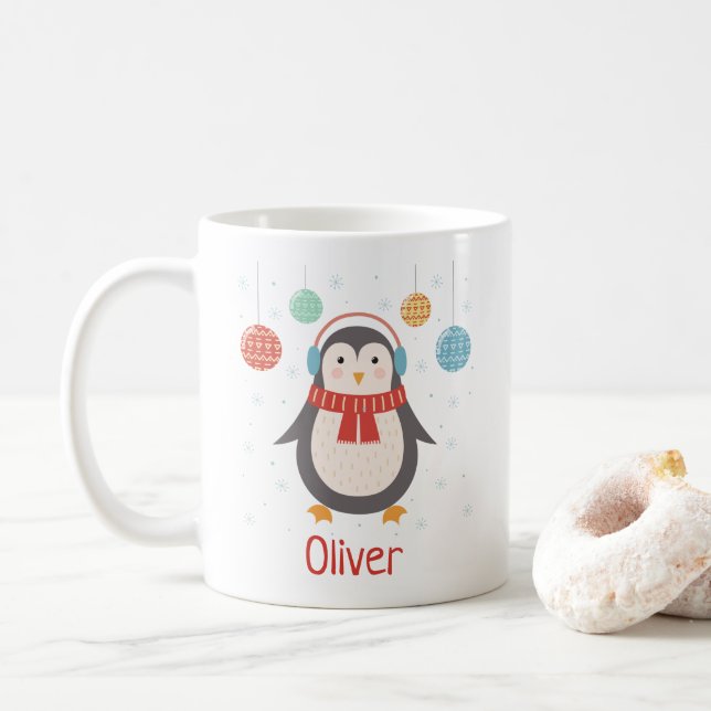 Niedlicher Weihnachtspenguin Personalisierte Weihn Kaffeetasse (Mit Donut)