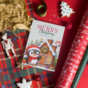 Niedlicher WeihnachtsPenguin und Lebkuchenhaus Feiertagskarte