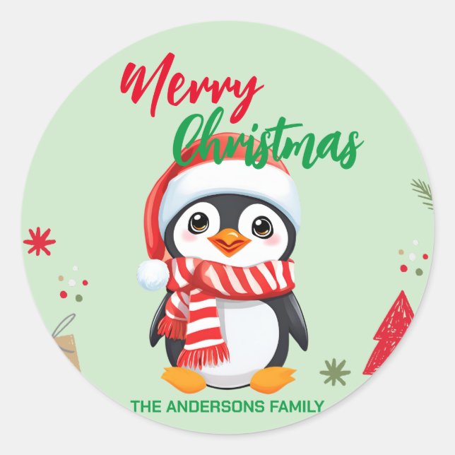 Niedlicher Weihnachtspinguin Santa Scarf Runder Aufkleber (Vorderseite)