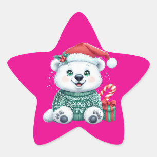 Niedlicher Weihnachtspolarbär im festlichen Pullov Stern-Aufkleber