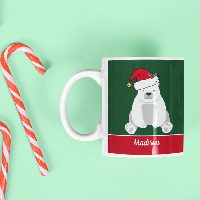 Niedlicher Weihnachtspolarbär in Weihnachtsmannmüt Kaffeetasse (Von Creator hochgeladen)
