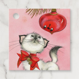 Niedlicher WeihnachtsRetro Vintag Kitten Katzenbau Geschenkanhänger
