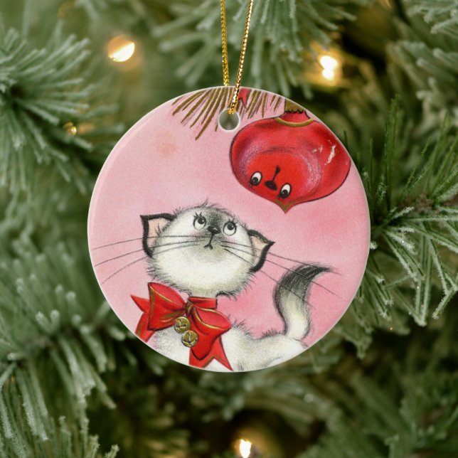Niedlicher WeihnachtsRetro Vintage Katzenbaum Rosa Keramik Ornament (Baum)