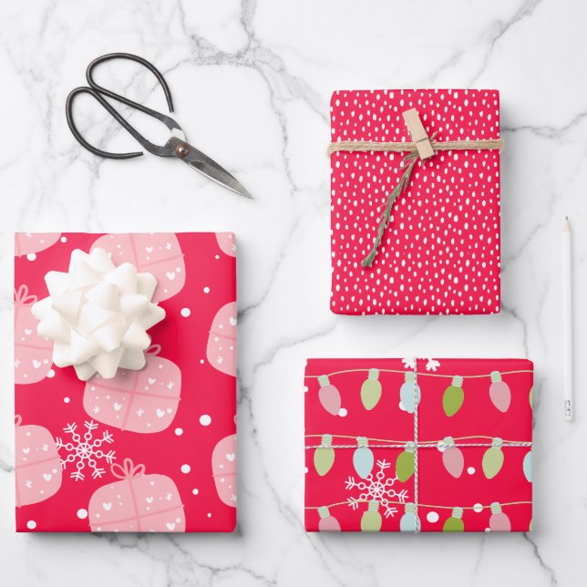 Niedlicher Weihnachtsroter Doodle Geschenkpapier Set (Vorderseite)