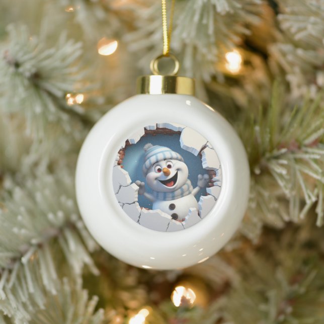 Niedlicher Weihnachtsschneemann durch die Mauer il Keramik Kugel-Ornament (Baum)