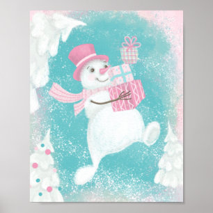 Niedlicher Weihnachtsschneemann Rosa und Minze Poster
