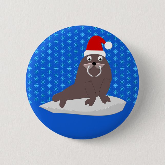 Niedlicher Weihnachtswalrus und Schneeflocken Button (Vorderseite)